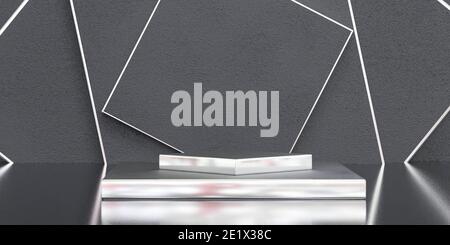 Abstrakte schwarze Produkt stand Podium mit silbernen Metall-Oberfläche Details Und Reflections 3d Rendering Illustration Stockfoto