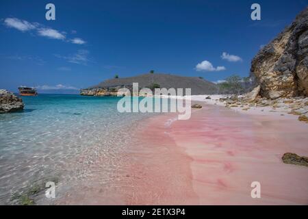 Sanfte Wellen krachen auf dem abgelegenen rosa Strand in Komodo Nationalpark in Indonesien Stockfoto