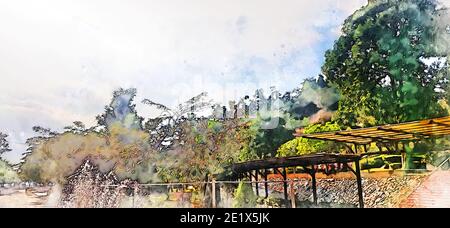 Abstrakte bunte Form auf Berggipfel und Baumlandschaft auf Aquarell Illustration Malerei Hintergrund. Stockfoto