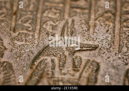 Geringe Schärfentiefe (selektiver Fokus) und Nahaufnahmen mit ägyptischen Hieroglyphen auf einer historischen Nachbildung. Stockfoto