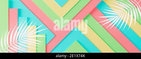 Tropischer heller farbenfroher Hintergrund mit exotischen tropischen Palmenblättern. Minimal Mode Sommer Konzept 3d Rendern 3d Illustration Stockfoto