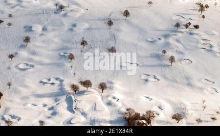 Bruchsal, Deutschland. Januar 2021. Spuren im Schnee kann man auf einem schneebedeckten Golfplatz bei Bruchsal sehen (Luftaufnahme aus einem Flugzeug). Quelle: Uli Deck/dpa/Alamy Live News Stockfoto