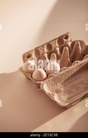 Weiße Eier im Eierkarton auf neutralem Hintergrund (Stillleben von Lebensmitteln) Stockfoto