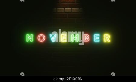 November Text Neon Licht bunt auf Ziegelwand Textur . 3D Abbildung Rendering . Neon Symbol für November . Neonlicht-Effekt Text und Wand Ziegel Stockfoto