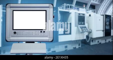 Steuerung mit Anzeige im Hintergrund der Werkzeugmaschinen in Eine intelligente Fabrik Stockfoto