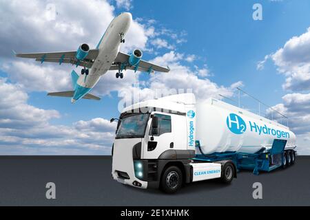 Flugzeug und LKW mit Wasserstofftankanhänger. Neue Energiequellen Stockfoto