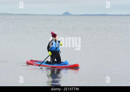 Portobello, Schottland, Großbritannien. 10. Januar 2021. Trotz einer derzeit in Schottland erzwungenen nationalen Sperre waren Portobello Promenade und Strand mit einer großen Anzahl von Menschen beschäftigt, die dort am Sonntagnachmittag waren. Mehrere Polizeipatrouillen waren offensichtlich, dass sie meist unauffällig blieben, aber die Beamten sprachen mit den Kaffeehäffern, um sie zu drängen, die soziale Distanz zwischen den Kunden korrekt zu halten. Bild: EIN Paddelboarder am Strand. Iain Masterton/Alamy Live News Stockfoto