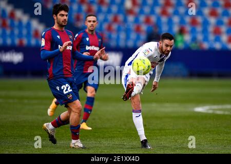 VALENCIA, SPANIEN - JANUAR 10: Melero von Levante, edu Exposito von SD Eibar während des La Liga Santander-Spiels zwischen Levante UD und SD Eibar in Estadi Stockfoto