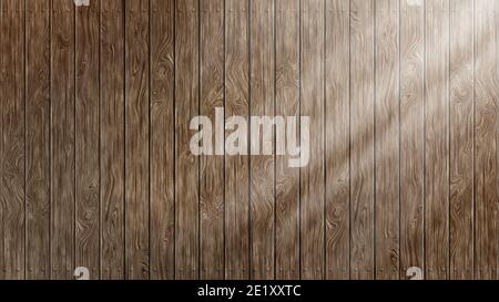 Leere Holzstruktur Hintergrund mit Sonnenstrahlen. Horizontale Abbildung mit Kopierbereich. Theke aus Hartholz. Dielen Oberfläche mit braunen Brettern. Stockfoto