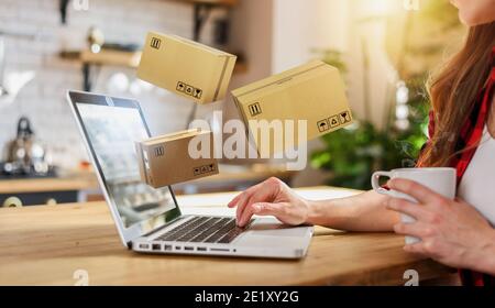 Frau macht Einkaufen durch E-Commerce-Online-Shop. Konzept der schnellen Lieferung Stockfoto