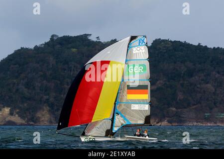 Segeln Rio 2016 Olympische Spiele. Die deutschen Segler Victoria Jurczok und Anika Lorenz Boot 49er FX class in der Guanabara Bucht. Rio de Janeiro Brasilien 08.18.2016 Stockfoto