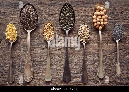 Chia, Hirse, Kichererbsen, Mohn und andere Samen und Hülsenfrüchte auf sieben Jahrgangslöffeln, Draufsicht Stockfoto