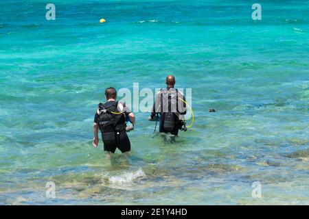 Taucher, die in das Meer oder Meer auf der Tropische Insel Mauritius während eines Sommerurlaubs Stockfoto