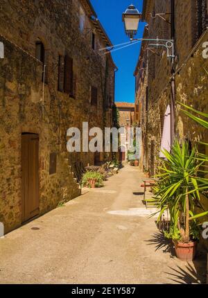 Eine Straße mit historischen Steingebäuden im Dorf Montemerano in der Nähe von Manciano in der Provinz Grosseto, Toskana, Italien Stockfoto