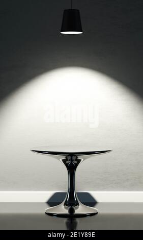 Modernes minimalistisches Design runden Metall-Stahl-Tisch mit Reflexionen 3d Darstellung rendern Stockfoto