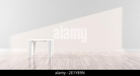 Abstraktes modernes Design Wohnzimmer 3d Rendern Illustration mit minimalistischen Kurviger Tisch und helle Tagesbeleuchtung Stockfoto