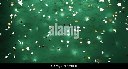 Abstrakter Hintergrund von verschwommenen unfokussierten goldenen Sternen Design grünen Hintergrund Tapete weihnachten Konzept 3d Rendern Illustration Stockfoto