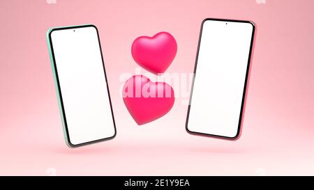 3D-Rendering zwei Handys Mockup mit roten Herzen für Dating App-Design oder Valentinstag. 3D-Illustrationsvorlage. Leere generische Smartphones bla Stockfoto
