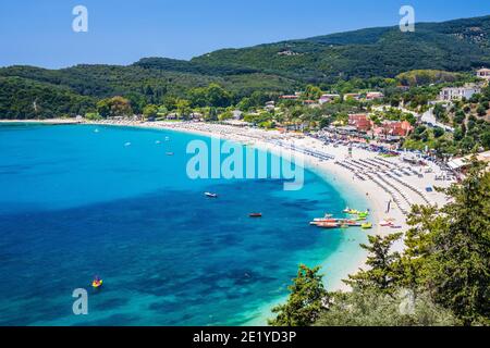 Parga, Griechenland. Luftaufnahme des Strandes von Valtos. Stockfoto