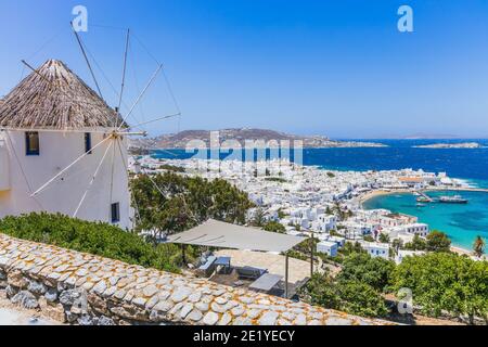 Mykonos, Griechenland. Panoramablick auf Mykonos Stadt, Kykladen Inseln. Stockfoto