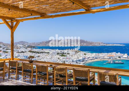 Mykonos, Griechenland. Panoramablick auf Mykonos Stadt, Kykladen Inseln. Stockfoto