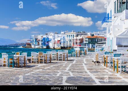 Mykonos, Griechenland. Waterfront in Little Venice, Mykonos. Stockfoto