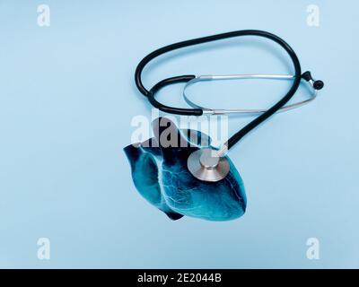 Menschliche Herzanatomie, schwarz und Metall-sthetoscope isoliert auf blauem Hintergrund, Konzept der Technologie der Diagnostik des Herzens, Kardiologie, 3D-Render Stockfoto