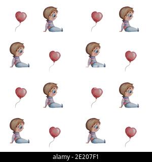 Nahtlose Muster. Netter Junge sitzt auf einem weißen Hintergrund mit roten Ballons. Aquarell. Handzeichnung. Kinderkollektion für Design, Valentinstag, Packung Stockfoto