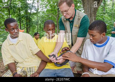 Birmingham Alabama, Ruffner Mountain Nature Center Center, Sommercamp Student Schwarze Jungen Mann Naturforscher Lehrer Berater, Tierführer Ratte Schlange Teenager Stockfoto