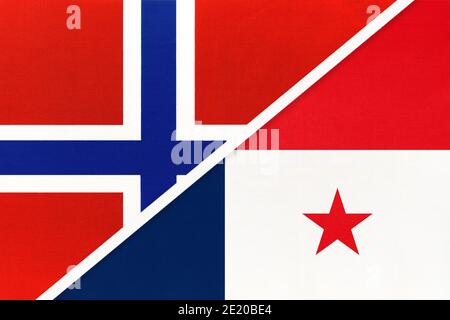 Norwegen und Panama, Nationalflaggen aus Textil. Beziehung, Partnerschaft und Übereinstimmung zwischen zwei Ländern. Stockfoto