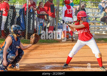 Alabama Troy Sportsplex Little League Baseballschläger, Catcher Teenager Teenager Teenager Mädchen weiblichen Schlagschläger Turnierspiel Stockfoto