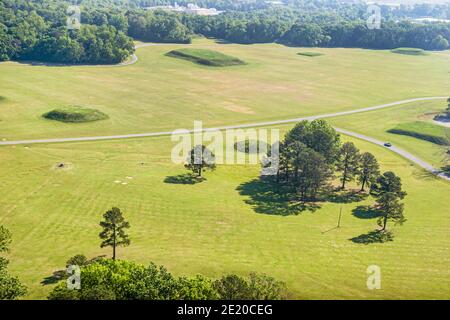 Alabama Moundville Archaeological Park Site, Kultur der mittleren Mississippi-Ära Indianer, historisches Dorfmuseum, Luftaufnahme von oben, pla Stockfoto