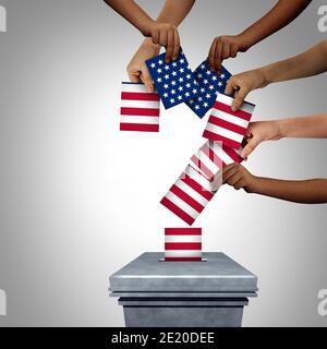 Die Vereinigten Staaten stimmen Frage und amerikanische Gemeinschaft Stimme oder US-Abstimmung Unsicherheit Konzept als verschiedene Hände Gießen USA Stimmzettel in einem Wahllokal. Stockfoto