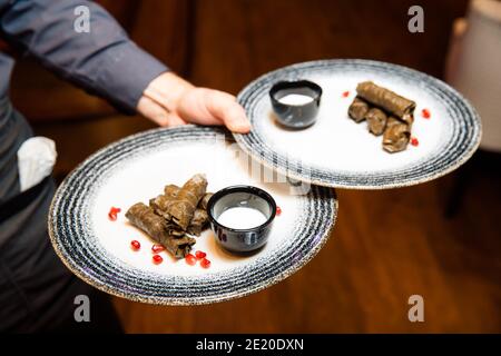 Köstliche sarma dolma mit Kalbfleisch und Bulgur. Kalbsfleisch mit Bulgur in Traubenblätter gewickelt. Serviert mit weißer Sauce. Abendessen. Türkisch griechisch Mitte Stockfoto