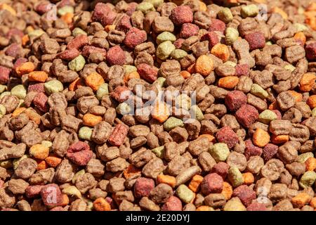 Nahaufnahme der Katze getrocknet bunten Lebensmittel Hintergrund Stockfoto