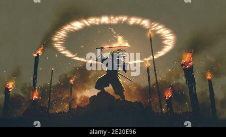 Szene von Samurai mit Feuer Schwert stehen auf dem Felsen, digitale Kunst Stil, Illustration Malerei Stockfoto