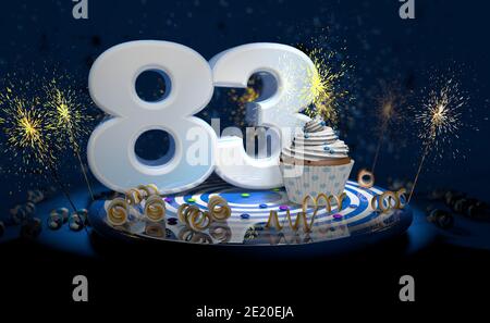 Cupcake mit funkelnder Kerze zum 83. Geburtstag oder Jubiläum mit Große Zahl in Weiß mit gelben Streamer auf blauem Tisch Mit dunklem Hintergrund voll Stockfoto