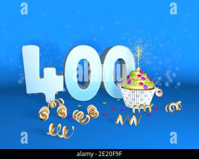 Cupcake mit funkelnder Kerze zum Geburtstag oder Jubiläum 400 mit der großen Nummer in weiß mit gelben Streamern auf blauem Hintergrund. 3d-Illustrationen Stockfoto