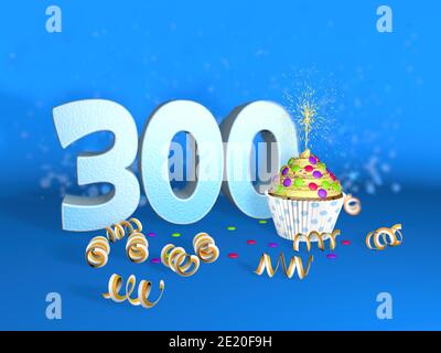 Cupcake mit funkelnder Kerze zum Geburtstag oder Jubiläum 300 mit der großen Nummer in weiß mit gelben Streamern auf blauem Hintergrund. 3d-Illustrationen Stockfoto