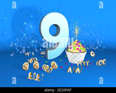 Cupcake mit funkelnder Kerze zum Geburtstag oder Jubiläum 9 mit der großen Zahl in weiß mit gelben Streamer auf blauem Hintergrund. 3d-Illustration Stockfoto