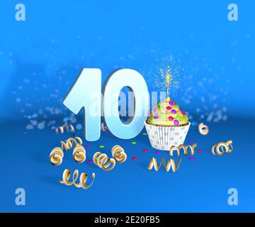 Cupcake mit funkelnder Kerze zum Geburtstag oder Jubiläum 10 mit der großen Nummer in weiß mit gelben Streamern auf blauem Hintergrund. 3d-Illustration Stockfoto