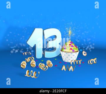 Cupcake mit funkelnder Kerze zum Geburtstag oder Jubiläum 13 mit der großen Nummer in weiß mit gelben Streamern auf blauem Hintergrund. 3d-Illustration Stockfoto