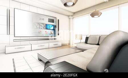 Modernes Wohnzimmer halb Drahtmodell halb Standard-Rendering. 3D-Illustration. Stockfoto