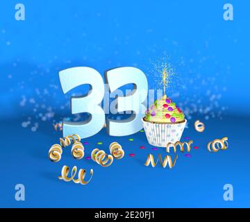 Cupcake mit funkelnder Kerze zum Geburtstag oder Jubiläum 33 mit der großen Nummer in weiß mit gelben Streamern auf blauem Hintergrund. 3d-Illustration Stockfoto