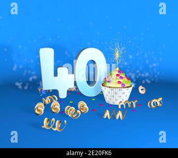 Cupcake mit funkelnder Kerze zum Geburtstag oder Jubiläum 40 mit der großen Nummer in weiß mit gelben Streamern auf blauem Hintergrund. 3d-Illustration Stockfoto