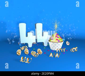 Cupcake mit funkelnder Kerze zum Geburtstag oder Jubiläum 44 mit der großen Nummer in weiß mit gelben Streamern auf blauem Hintergrund. 3d-Illustration Stockfoto