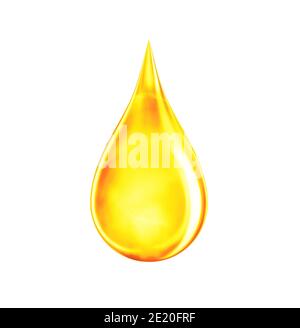 Tropfen Öl in gelber Farbe. Symbol für Gold Flüssigkeit Tropfen wie Öl, Benzin oder Vitamine aus Tröpfchen. Orange Tropf isoliert auf weiß. 3d-Rendering Stockfoto