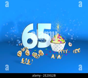 Cupcake mit funkelnder Kerze zum Geburtstag oder Jubiläum 65 mit der großen Nummer in weiß mit gelben Streamern auf blauem Hintergrund. 3d-Illustration Stockfoto