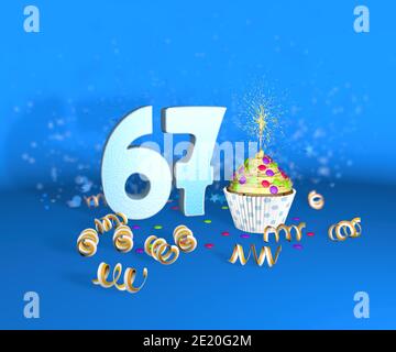 Cupcake mit funkelnder Kerze zum Geburtstag oder Jubiläum 67 mit der großen Nummer in weiß mit gelben Streamern auf blauem Hintergrund. 3d-Illustration Stockfoto