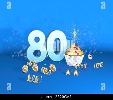 Cupcake mit funkelnder Kerze zum Geburtstag oder Jubiläum 80 mit der großen Nummer in weiß mit gelben Streamern auf blauem Hintergrund. 3d-Illustration Stockfoto